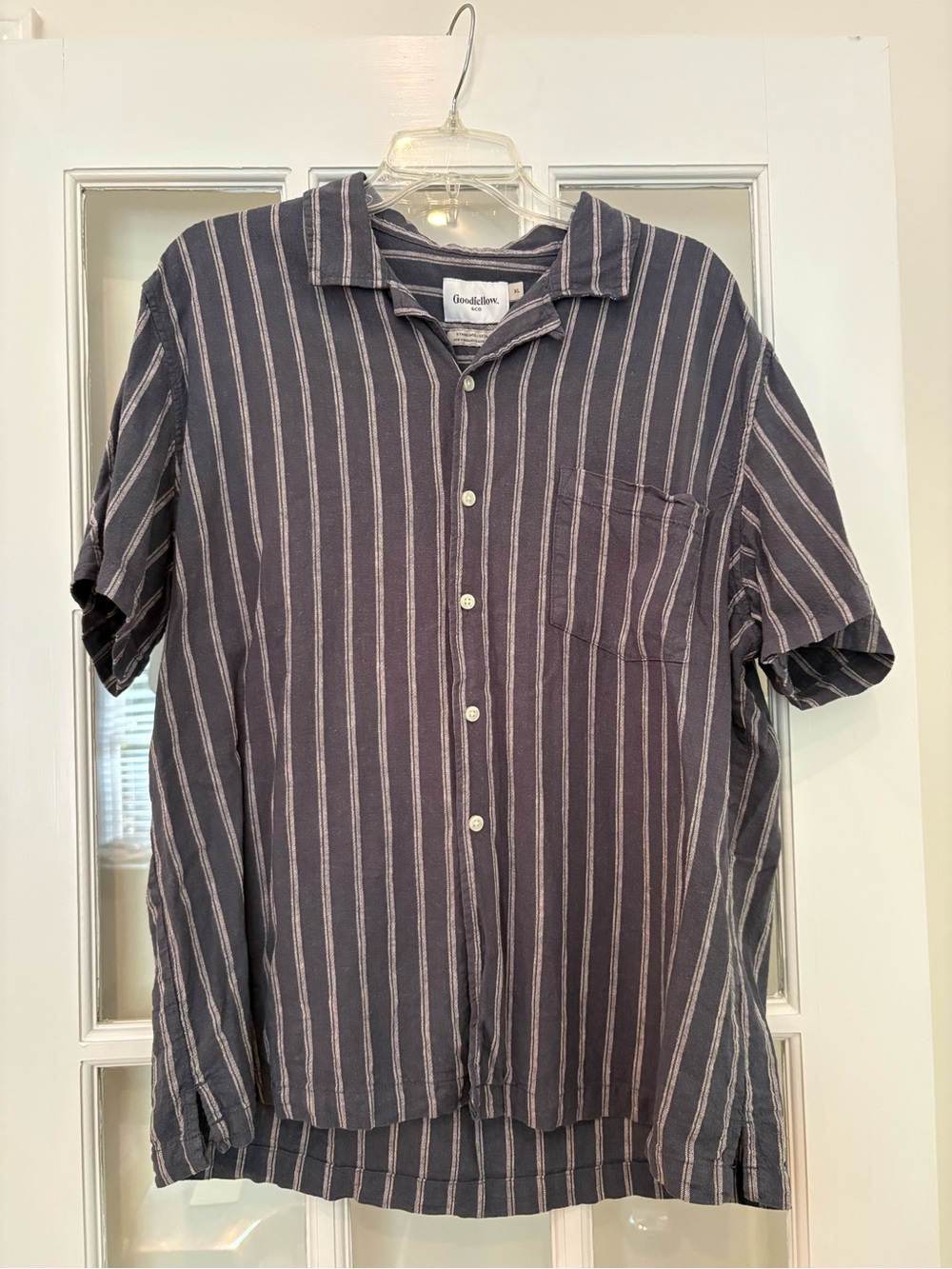 Goodfellow & Co Navy and White Striped Short-Sleeve Button Shirt